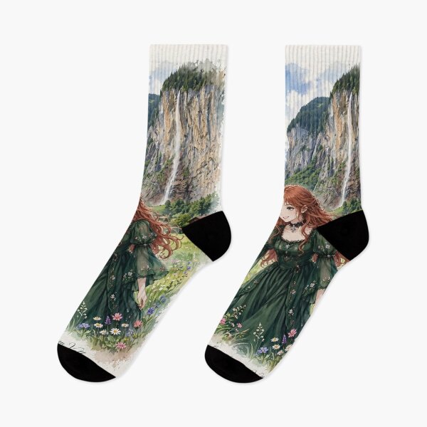 Item preview, Switzerland Lauterbrunnen Valley with a Beautiful Redhead Traveler in Emerald Green Dress, Dreamy Alpine Mountains and Waterfalls designed and sold by DibujandoPorfa.