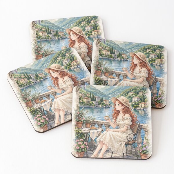 Item preview, Italy Lake Como with a Charming Redhead Traveler in an Elegant Cream Dress and Hat, Romantic Lakeside European Travel Scene designed and sold by DibujandoPorfa.