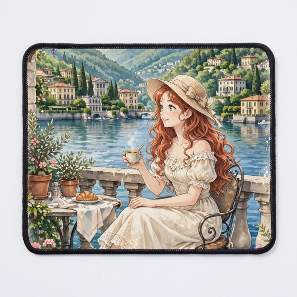 Item preview, Italy Lake Como with a Charming Redhead Traveler in an Elegant Cream Dress and Hat, Romantic Lakeside European Travel Scene designed and sold by DibujandoPorfa.