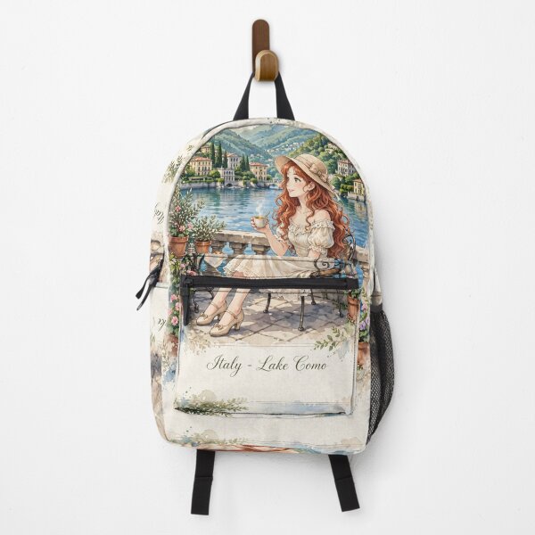 Item preview, Italy Lake Como with a Charming Redhead Traveler in an Elegant Cream Dress and Hat, Romantic Lakeside European Travel Scene designed and sold by DibujandoPorfa.