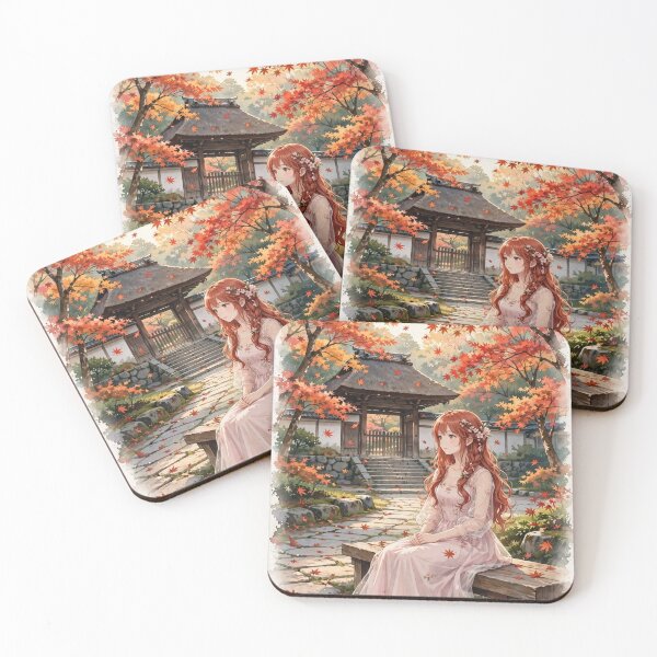 Item preview, Japan Kyoto Temple with a Sweet Redhead Traveler in a Romantic Pink Dress, Autumn Leaves and Peaceful Japanese Landscape designed and sold by DibujandoPorfa.