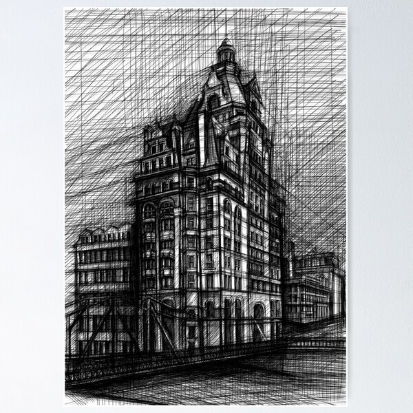 Item preview, Victorian Corner Building Sketch – Black and White Historic Architecture designed and sold by IlustratorCAT.