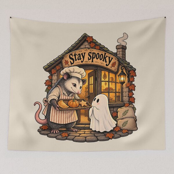 Item preview, Cozy Halloween Stay Spooky Possum Baker & Ghost designed and sold by MythicCotton.