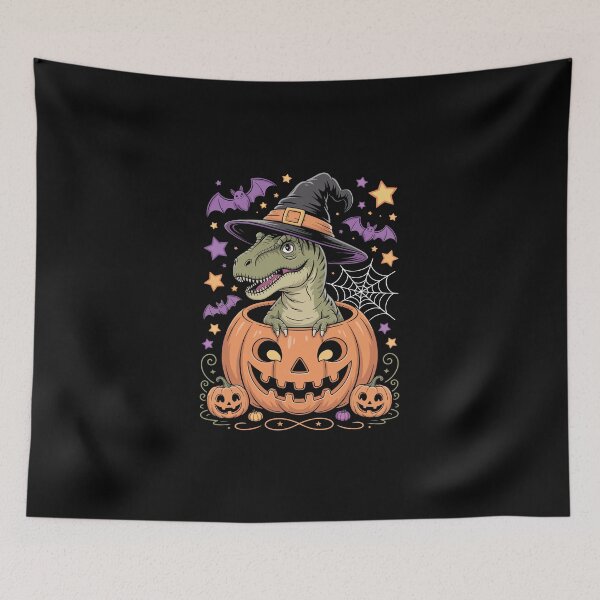 Item preview, Green T Rex Witch Hat Inside Jack O Lantern Purple Bats Stars designed and sold by jkrphoto.