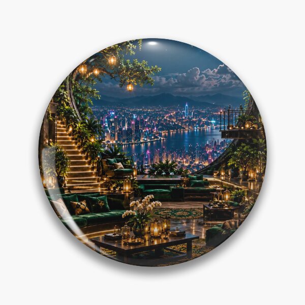 Item preview, Luxury Fantasy Cave Lounge with Neon City View – Emerald Green Nightscape designed and sold by IRON SIREN.