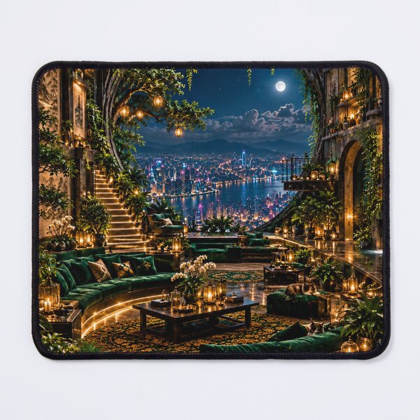 Item preview, Luxury Fantasy Cave Lounge with Neon City View – Emerald Green Nightscape designed and sold by IRON SIREN.