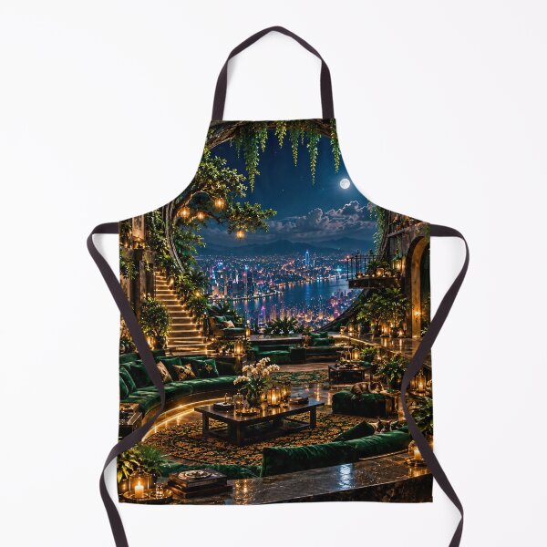 Item preview, Luxury Fantasy Cave Lounge with Neon City View – Emerald Green Nightscape designed and sold by IRON SIREN.