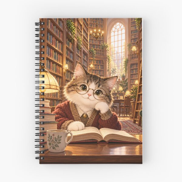 Artikelvorschau, Eine Wissenschaftlerkatze liest ein offenes Buch in einer wundervollen alten Bibliothek entworfen und verkauft von ArcaneVisionArt.