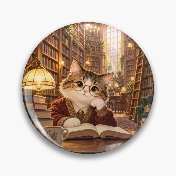 Item preview, a scientist cat reading an open book in a wonderful old library designed and sold by ArcaneVisionArt.