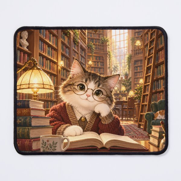 Item preview, a scientist cat reading an open book in a wonderful old library designed and sold by ArcaneVisionArt.