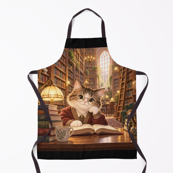 Item preview, a scientist cat reading an open book in a wonderful old library designed and sold by ArcaneVisionArt.
