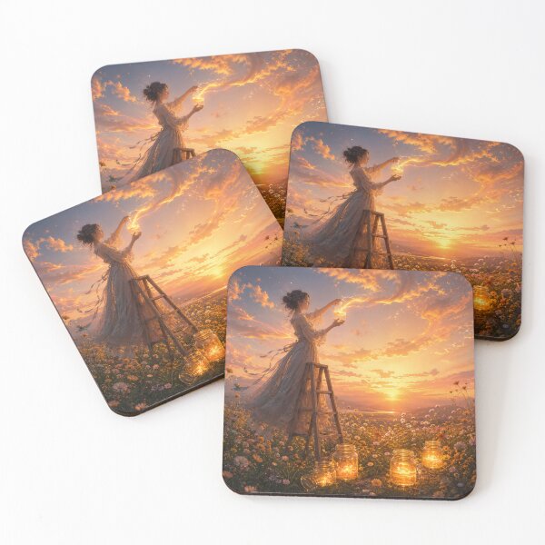 Item preview, A woman collects clouds in jars at dawn designed and sold by ArcaneVisionArt.