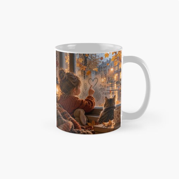 Item preview,  A girl draws a heart on a fogged window in the rain, sitting next to her cat in a cozy autumn house. designed and sold by ArcaneVisionArt.