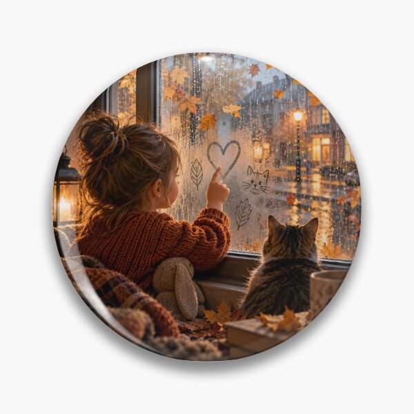 Item preview,  A girl draws a heart on a fogged window in the rain, sitting next to her cat in a cozy autumn house. designed and sold by ArcaneVisionArt.