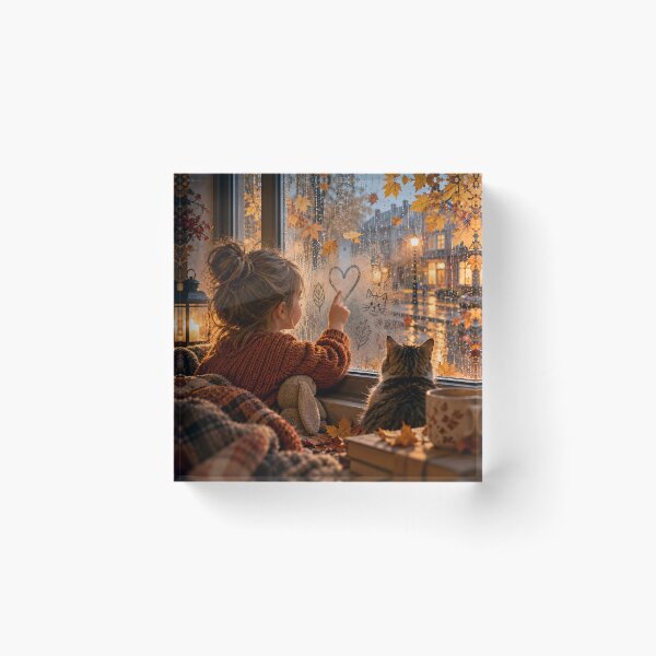 Item preview,  A girl draws a heart on a fogged window in the rain, sitting next to her cat in a cozy autumn house. designed and sold by ArcaneVisionArt.