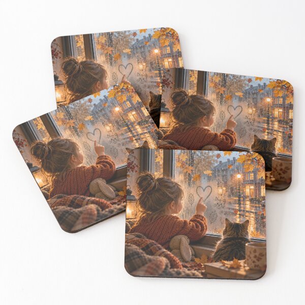 Item preview,  A girl draws a heart on a fogged window in the rain, sitting next to her cat in a cozy autumn house. designed and sold by ArcaneVisionArt.