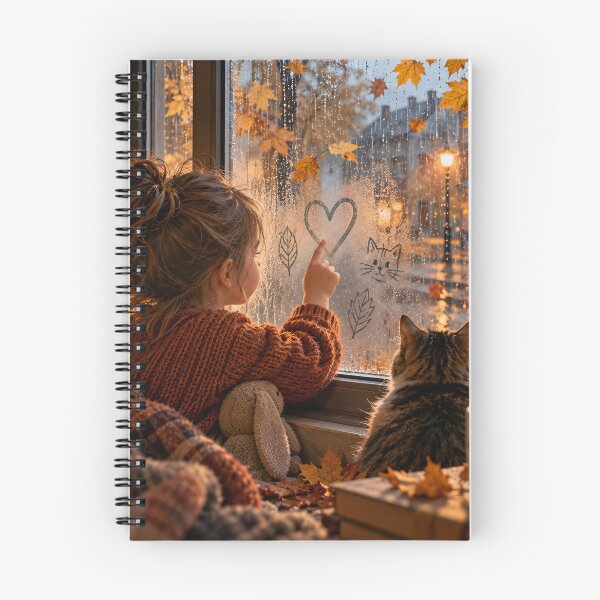 Item preview,  A girl draws a heart on a fogged window in the rain, sitting next to her cat in a cozy autumn house. designed and sold by ArcaneVisionArt.