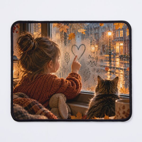 Item preview, A girl draws a heart on a fogged window in the rain, sitting next to her cat in a cozy autumn house. designed and sold by ArcaneVisionArt.