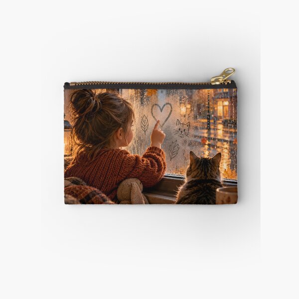Item preview,  A girl draws a heart on a fogged window in the rain, sitting next to her cat in a cozy autumn house. designed and sold by ArcaneVisionArt.
