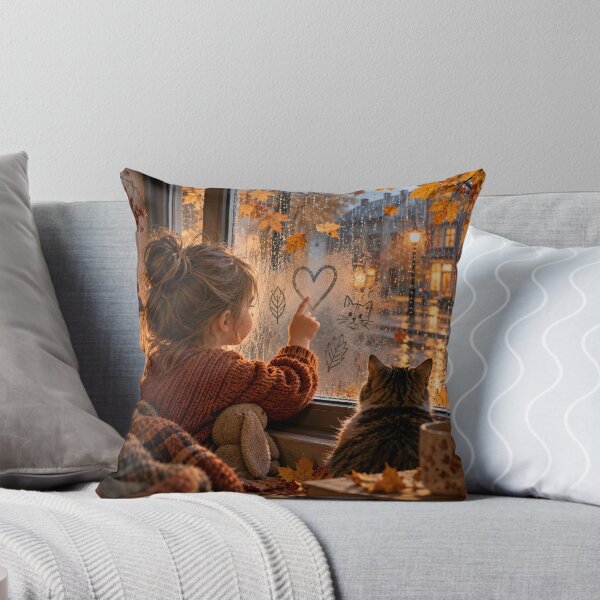 Item preview,  A girl draws a heart on a fogged window in the rain, sitting next to her cat in a cozy autumn house. designed and sold by ArcaneVisionArt.