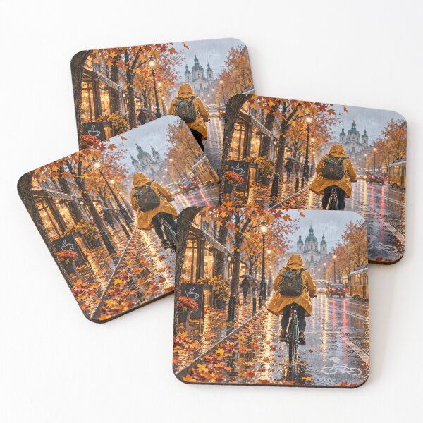 Item preview, Cyclist rides along an autumn city street designed and sold by ArcaneVisionArt.