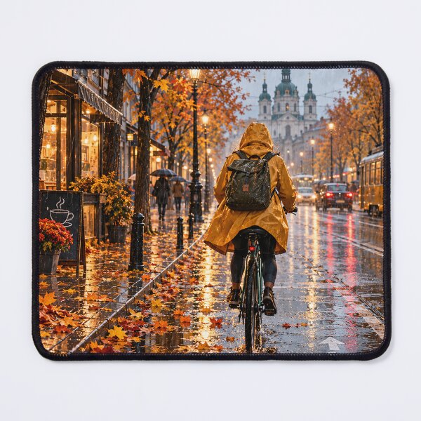 Item preview, Cyclist rides along an autumn city street designed and sold by ArcaneVisionArt.