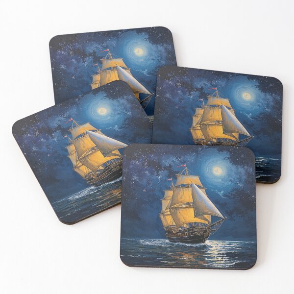 Item preview, wooden ship with golden sails, dark ocean illuminated by moonlight designed and sold by ArcaneVisionArt.