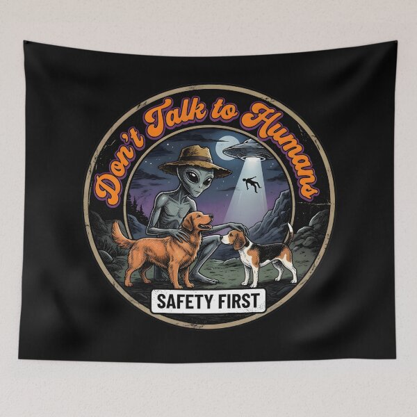 Item preview, Don't Talk to Humans Golden Retriever Beagle Alien Comic designed and sold by AeroCodeDesigns.