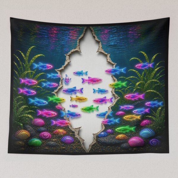 Item preview, 3D Torn Paper Aquarium - Neon Glowing Fish Ocean Illusion Art designed and sold by Breezes-of-Ida.