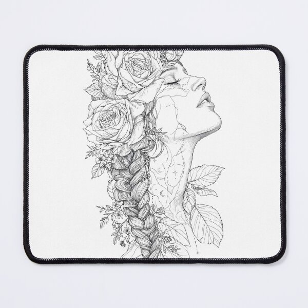 Item preview, Boho Line Art Woman with Rose Braid - Botanical Tattoo Floral Goddess designed and sold by HealingEraInk.
