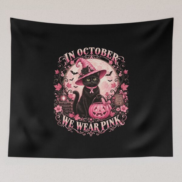 Item preview, Pink Ribbon Black Cat Halloween Moon Pumpkin Art designed and sold by anapldv.