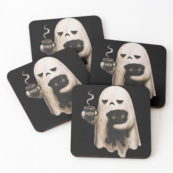Item preview, Grumpy Ghost Holding Black Pug Dog Meh Coffee Cup Halloween  designed and sold by leevekaArt.