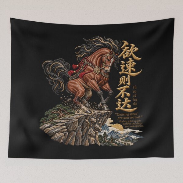 Item preview, Chinese Proverb Horse Embroidery – 欲速则不达 Stallion Cliff Edge Artwork designed and sold by Emoji Emblems.