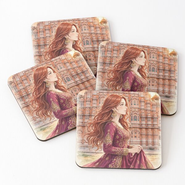 Item preview, India Jaipur Hawa Mahal with a Graceful Redhead Traveler in an Elegant Magenta Dress, Golden Architecture and Magical Indian Travel Scene designed and sold by DibujandoPorfa.