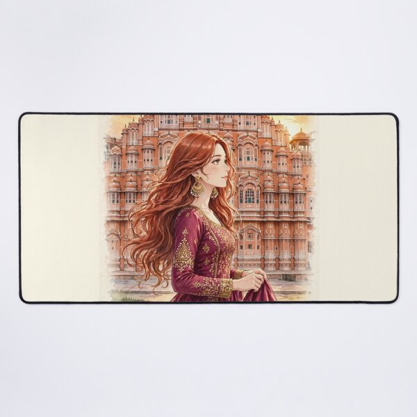 Item preview, India Jaipur Hawa Mahal with a Graceful Redhead Traveler in an Elegant Magenta Dress, Golden Architecture and Magical Indian Travel Scene designed and sold by DibujandoPorfa.