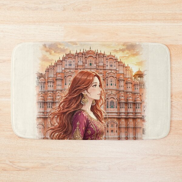 Item preview, India Jaipur Hawa Mahal with a Graceful Redhead Traveler in an Elegant Magenta Dress, Golden Architecture and Magical Indian Travel Scene designed and sold by DibujandoPorfa.