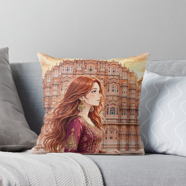 Item preview, India Jaipur Hawa Mahal with a Graceful Redhead Traveler in an Elegant Magenta Dress, Golden Architecture and Magical Indian Travel Scene designed and sold by DibujandoPorfa.