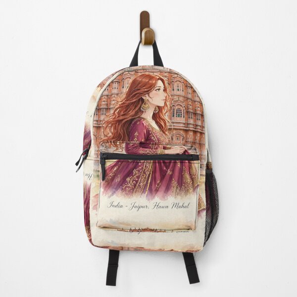 Item preview, India Jaipur Hawa Mahal with a Graceful Redhead Traveler in an Elegant Magenta Dress, Golden Architecture and Magical Indian Travel Scene designed and sold by DibujandoPorfa.