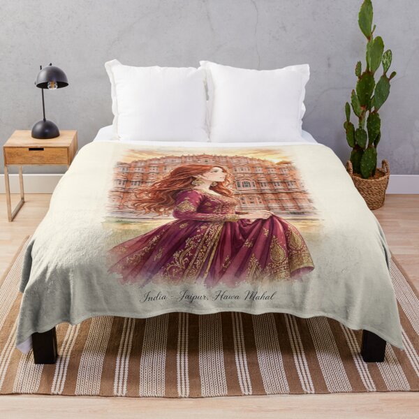 Item preview, India Jaipur Hawa Mahal with a Graceful Redhead Traveler in an Elegant Magenta Dress, Golden Architecture and Magical Indian Travel Scene designed and sold by DibujandoPorfa.