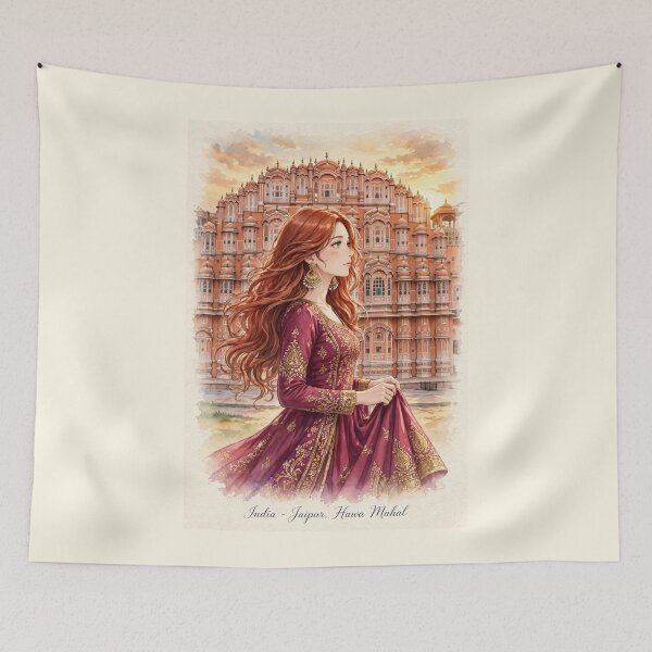 Item preview, India Jaipur Hawa Mahal with a Graceful Redhead Traveler in an Elegant Magenta Dress, Golden Architecture and Magical Indian Travel Scene designed and sold by DibujandoPorfa.