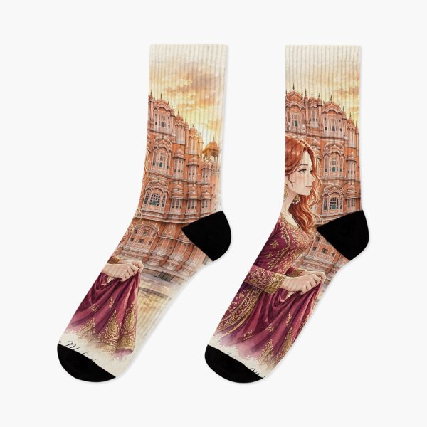 Item preview, India Jaipur Hawa Mahal with a Graceful Redhead Traveler in an Elegant Magenta Dress, Golden Architecture and Magical Indian Travel Scene designed and sold by DibujandoPorfa.
