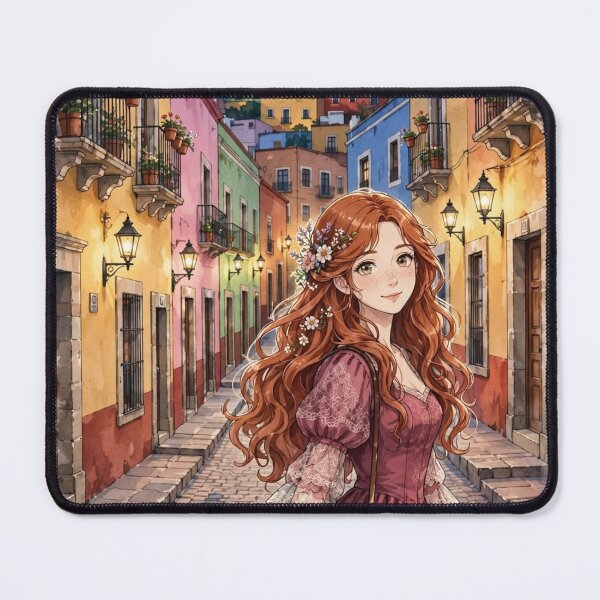Item preview, Mexico Guanajuato with a Charming Redhead Traveler in a Romantic Burgundy Dress, Colorful Colonial Streets and Magical Evening Atmosphere designed and sold by DibujandoPorfa.
