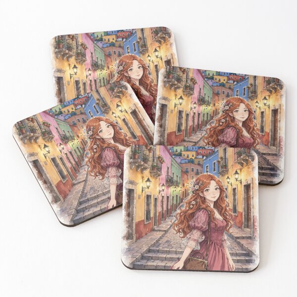 Item preview, Mexico Guanajuato with a Charming Redhead Traveler in a Romantic Burgundy Dress, Colorful Colonial Streets and Magical Evening Atmosphere designed and sold by DibujandoPorfa.