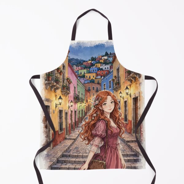 Item preview, Mexico Guanajuato with a Charming Redhead Traveler in a Romantic Burgundy Dress, Colorful Colonial Streets and Magical Evening Atmosphere designed and sold by DibujandoPorfa.