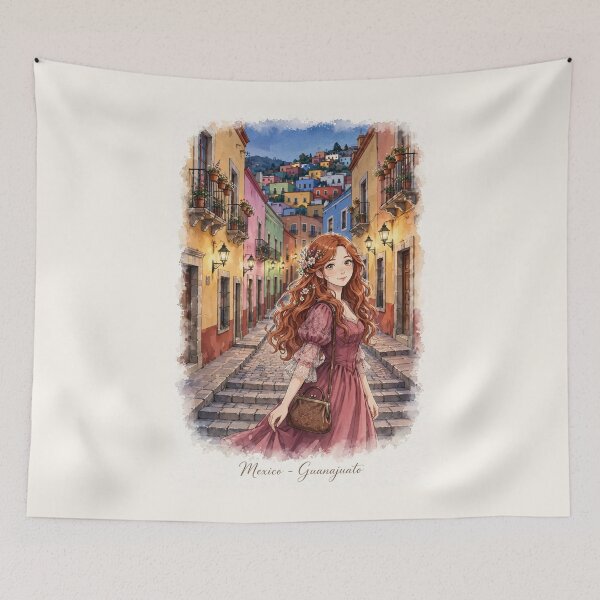 Item preview, Mexico Guanajuato with a Charming Redhead Traveler in a Romantic Burgundy Dress, Colorful Colonial Streets and Magical Evening Atmosphere designed and sold by DibujandoPorfa.