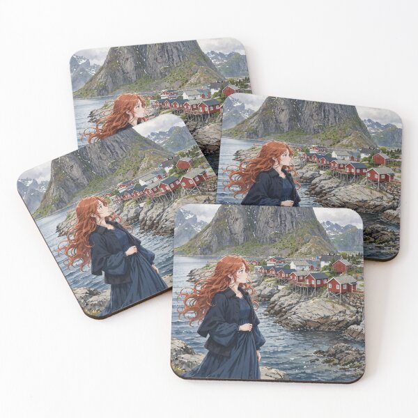 Item preview, Norway Lofoten Islands with a Mysterious Redhead Traveler in an Elegant Navy Dress, Dramatic Mountains and Nordic Coastal Landscape designed and sold by DibujandoPorfa.