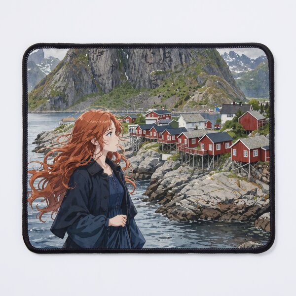 Item preview, Norway Lofoten Islands with a Mysterious Redhead Traveler in an Elegant Navy Dress, Dramatic Mountains and Nordic Coastal Landscape designed and sold by DibujandoPorfa.