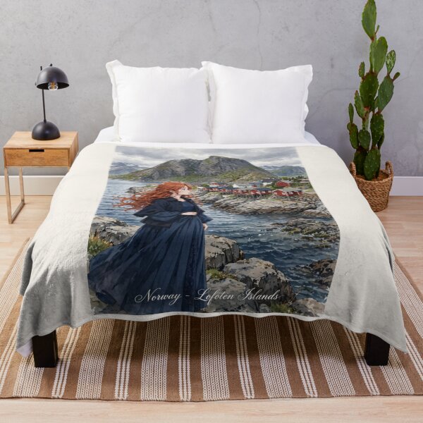 Item preview, Norway Lofoten Islands with a Mysterious Redhead Traveler in an Elegant Navy Dress, Dramatic Mountains and Nordic Coastal Landscape designed and sold by DibujandoPorfa.