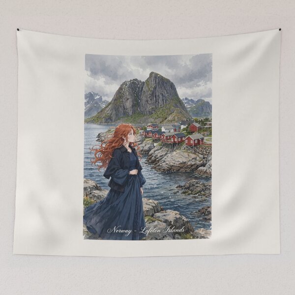 Item preview, Norway Lofoten Islands with a Mysterious Redhead Traveler in an Elegant Navy Dress, Dramatic Mountains and Nordic Coastal Landscape designed and sold by DibujandoPorfa.