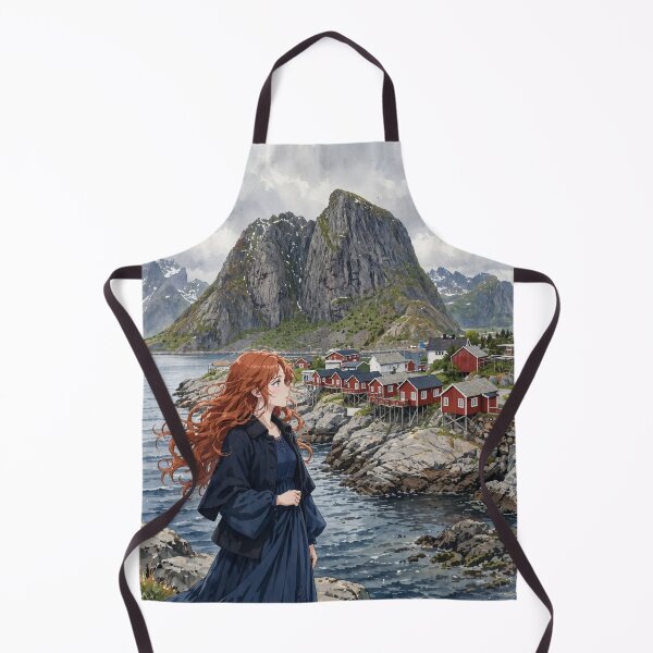 Item preview, Norway Lofoten Islands with a Mysterious Redhead Traveler in an Elegant Navy Dress, Dramatic Mountains and Nordic Coastal Landscape designed and sold by DibujandoPorfa.